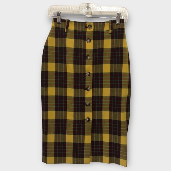 Wilfred Dresses & Skirts - Wilfred Leona Burgundy Gold Plaid Button Front Lined Pencil Career Skirt Size 0